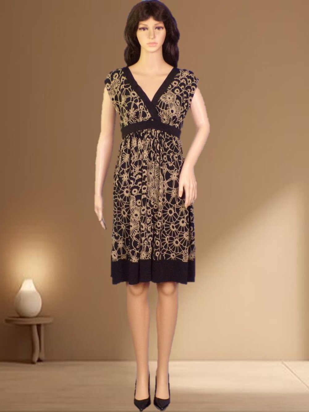 LONDON TIMES size 8 black/tan floral fit/flare polyester/spandex dry clean only